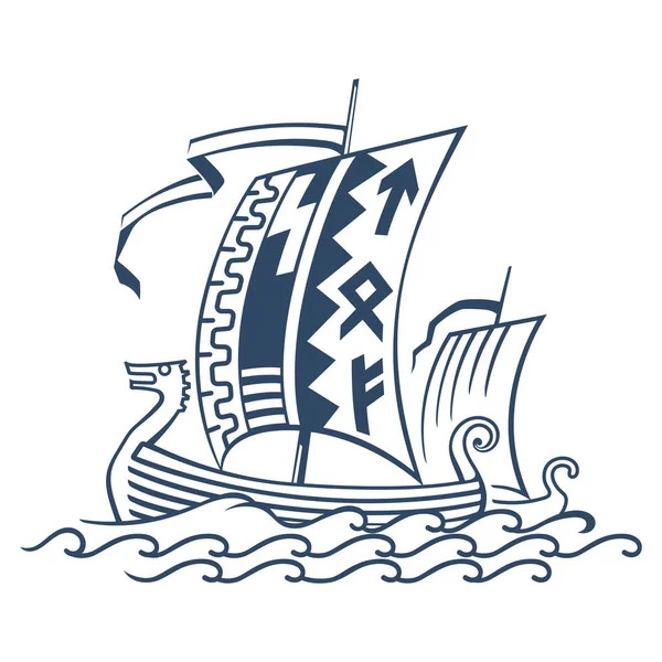 Design viking. Navio Drakkar navegando em um mar tempestuoso — Vetor de Stock