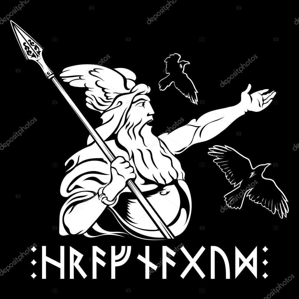Design in Old Norse style. Ancient Norse God Wotan and Two Ravens. Written in runes is Hrafnagud, the name of the God Odin