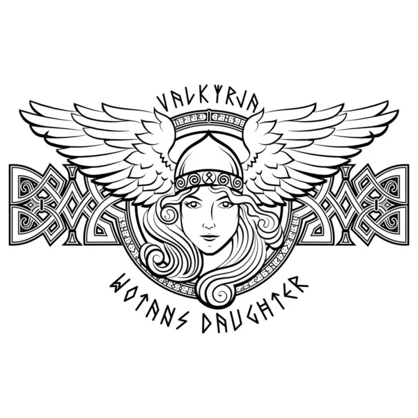 Σχέδιο Βίκινγκ. Βαλκυρία με φτερωτό κράνος. Εικόνα της Valkyrie, πολεμίστριας από τη Σκανδιναβική μυθολογία — Διανυσματικό Αρχείο