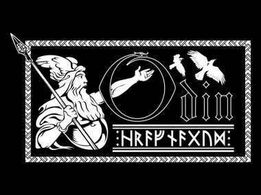 Eski İskandinav tarzı tasarım. Eski İskandinav Tanrısı Wotan ve İki Kuzgun. Rünlerle yazılmış Hrafnagud, Tanrı Odin 'in adı.