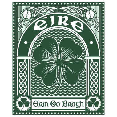 İrlanda Kelt tasarımı klasik, eski tarz, Kelt tarzı yonca ve slogan Erin Go Bragh - İrlanda Sonsuza Kadar, Aziz Patrick Günü teması üzerine illüstrasyon