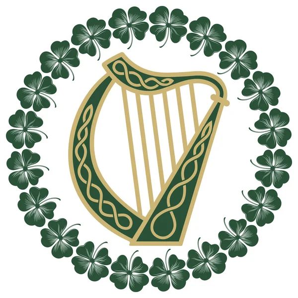 Irlanda Strumento musicale arpa in stile vintage, retrò, illustrazione sul tema della festa di San Patrizio — Vettoriale Stock