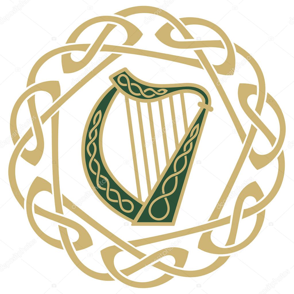 Ireland Harp musical instrument, illustration on the theme of St. Patricks day celebration, isolated on white, vector illustration