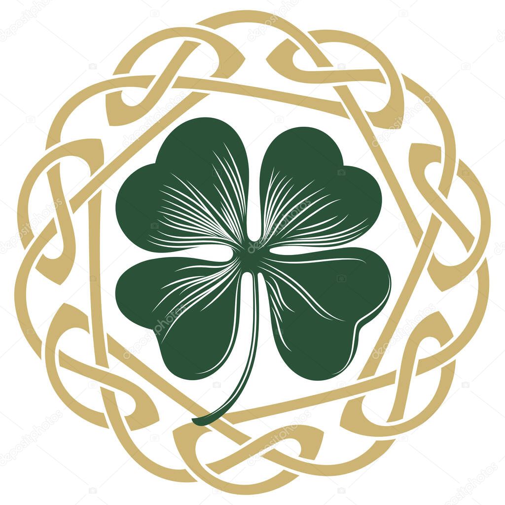 Four-leaf clover in vintage, retro style. Irish symbol for the feast of St. Patrick, isolated on white, vector illustration