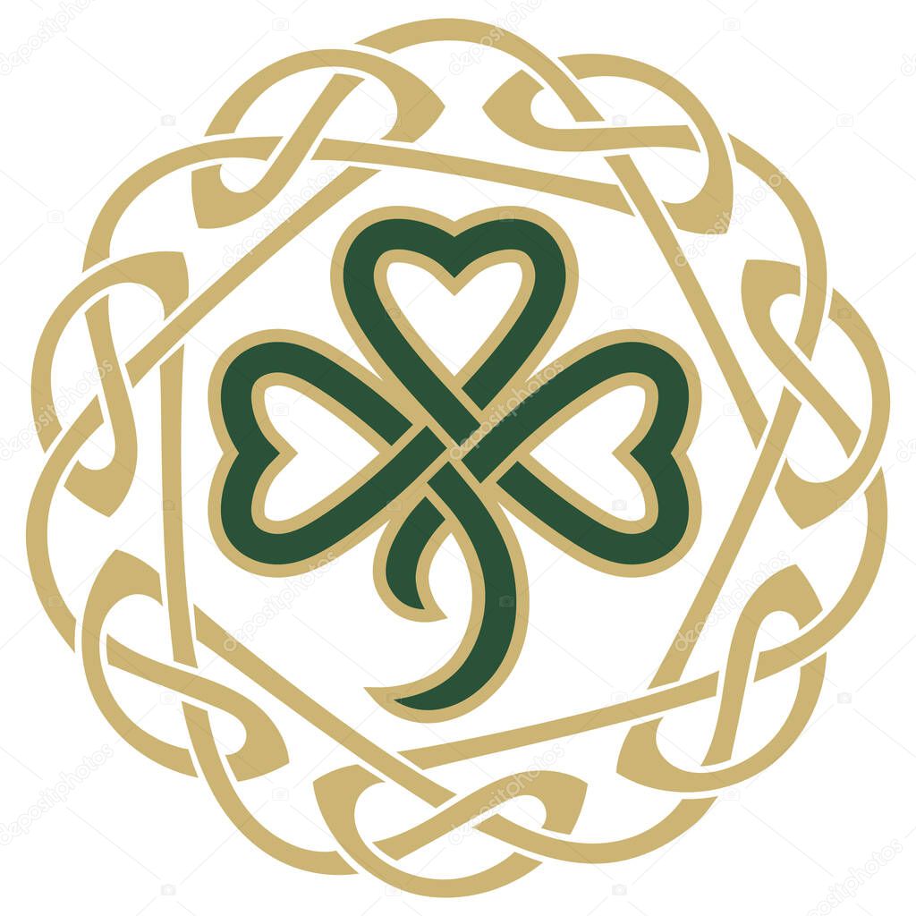 Four-leaf clover in vintage, retro style. Irish symbol for the feast of St. Patrick, isolated on white, vector illustration