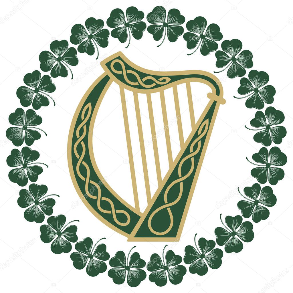 Ireland Harp musical instrument in vintage, retro style, illustration on the theme of St. Patricks day celebration, isolated on white, vector illustration