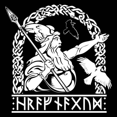 Eski İskandinav tarzı tasarım. Eski İskandinav Tanrısı Wotan ve İki Kuzgun. Rünlerle yazılmış Hrafnagud, Tanrı Odin 'in adı.