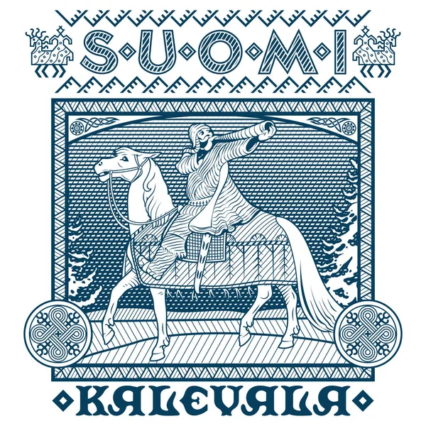 Викинг, скандинавский дизайн. Воин на боевом коне. Иллюстрация к финскому народному эпосу "Калевала" — стоковый вектор