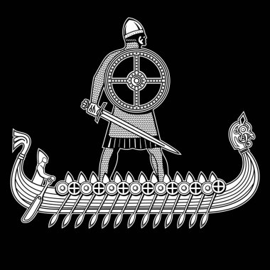Eski İskandinav tarzı tasarım. Kılıcı ve kalkanı olan Viking savaşçısı, savaşçıları olan Drakkar gemisi.
