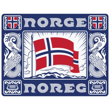 İskandinav tarzı tasarım. Norveç bayrağı yükselen güneş ışınları, dekoratif çerçeve Eski İskandinav tarzı ejderhalarla