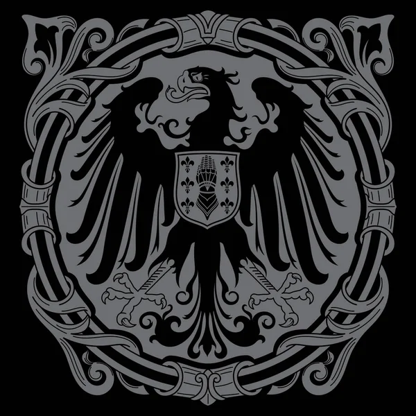 Diseño nocturno. Diseño de emblema heráldico medieval, águila heráldica y escudo de caballeros — Vector de stock