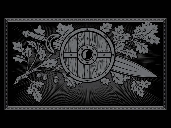 바이킹, 스칸디나비아 디자인. 바이킹 방패, 전사의 칼, 나뭇잎 과어초가 있는 오크 나뭇가지 - 용기의 상징 — 스톡 벡터