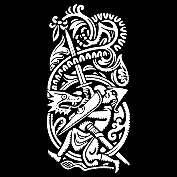 Дизайн в старонорвежском стиле. Сигурд убивает Дракона Фафнира. Иллюстрация из скандинавской мифологии — стоковый вектор
