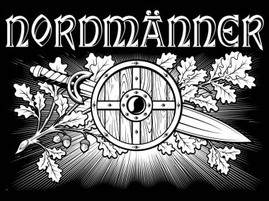 Viking, İskandinav tasarımı. Viking kalkanı, savaşçı kılıç ve meşe dalı. Cesaretin sembolü.