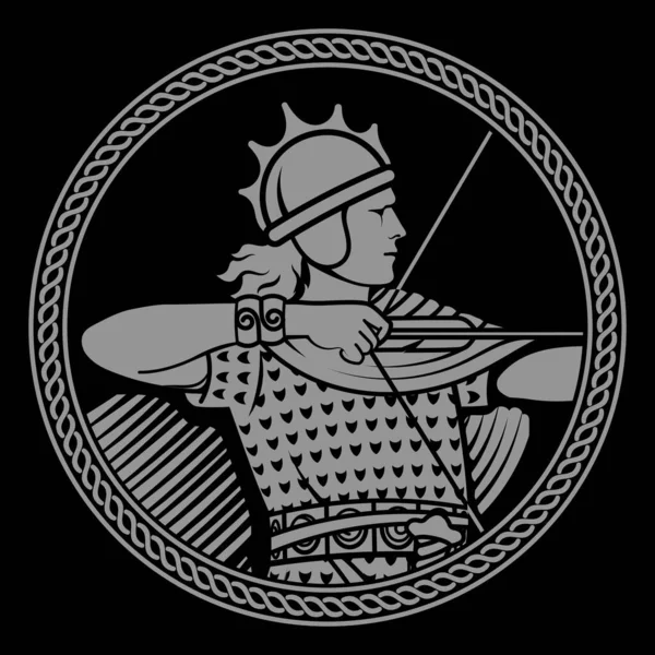 Design in stile antico norreno. Arciere vichingo in una cornice di ornamento scandinavo — Vettoriale Stock