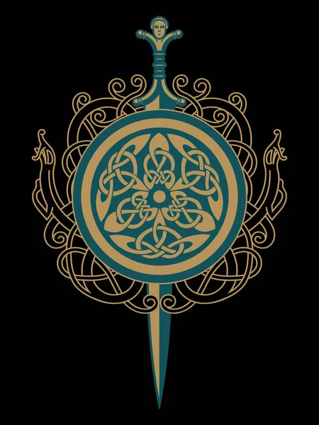 Vikingo, diseño celta. Espada celta y adornos escandinavos celtas — Vector de stock