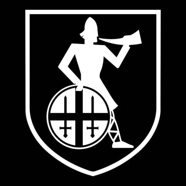 Viking tasarımı. Kalkanı, kılıcı ve savaş borusuyla eski İskandinav savaşçısı