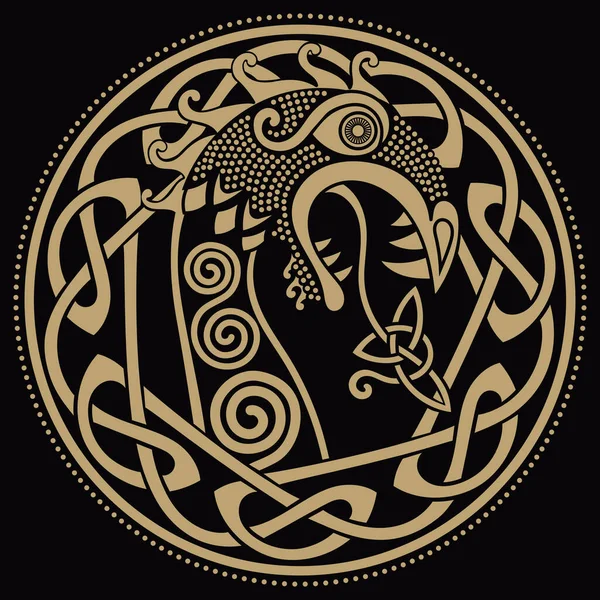 Projeto escandinavo. A figura nasal do navio Viking Drakkar na forma de um dragão, e o padrão de torção escandinavo —  Vetores de Stock