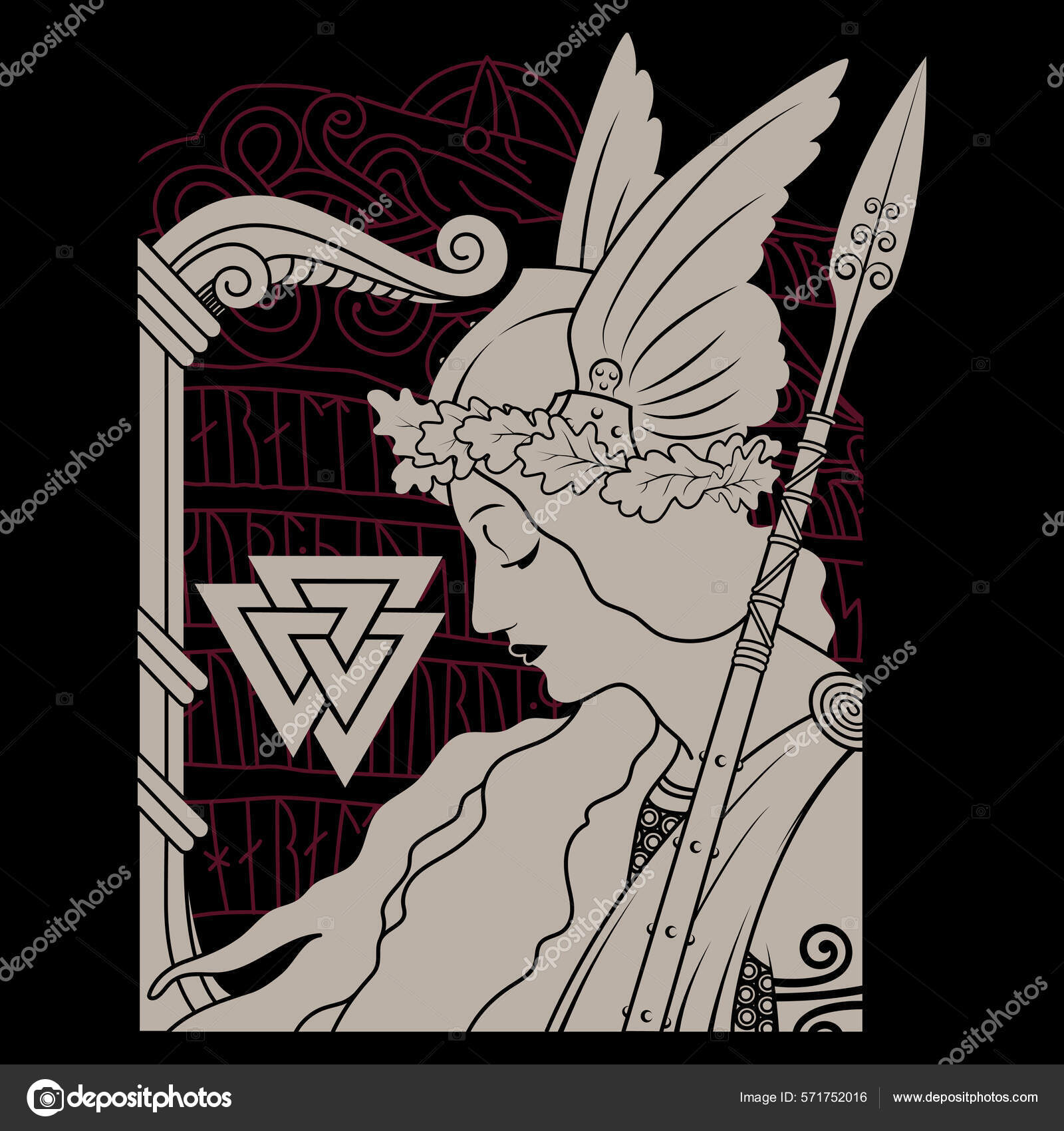 アール・ヌーヴォー様式で描かれた北欧神話の挿絵、ワルキューレとノルセが走ります。 ストックベクター ©Bourbon-88 571752016, image size:1600x1700