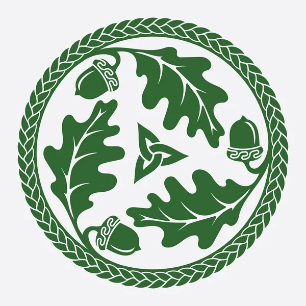 Design etnico celtico scandinavo. Design celtico rotondo con foglie di quercia e ghiande — Vettoriale Stock