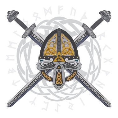 Viking kask iki çapraz kılıç ve İskandinav desen, vektör çizim ile
