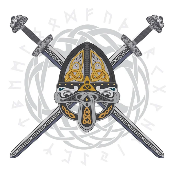 两个交叉的剑和斯堪的纳维亚模式 矢量插画维京头盔 — 图库矢量图片