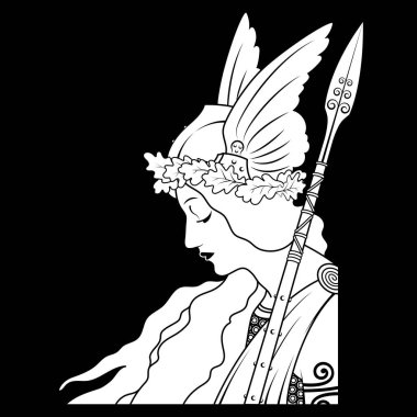 Valkyrie, İskandinav mitolojisinin illüstrasyonu, Art Nouveau tarzında çizilmiş, siyah üzerine izole edilmiş, vektör illüstrasyonu