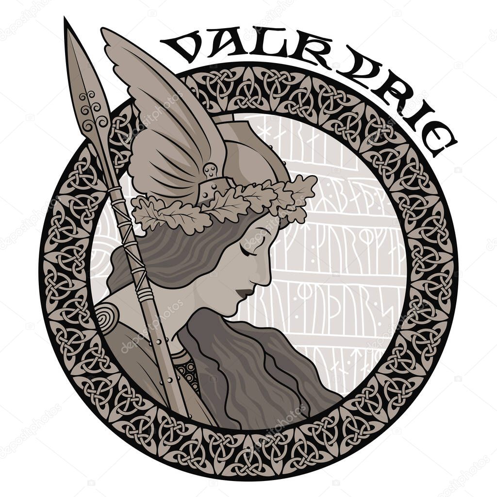 Valkyrie, illustration to Scandinavian mythology, drawn in Art Nouveau style, isolated on white, vector illustration