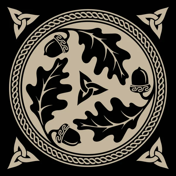 ケルト北欧の民族デザイン オークの葉とアコーンとラウンドケルトのデザイン 白に隔離 ベクトルイラスト — ストックベクタ