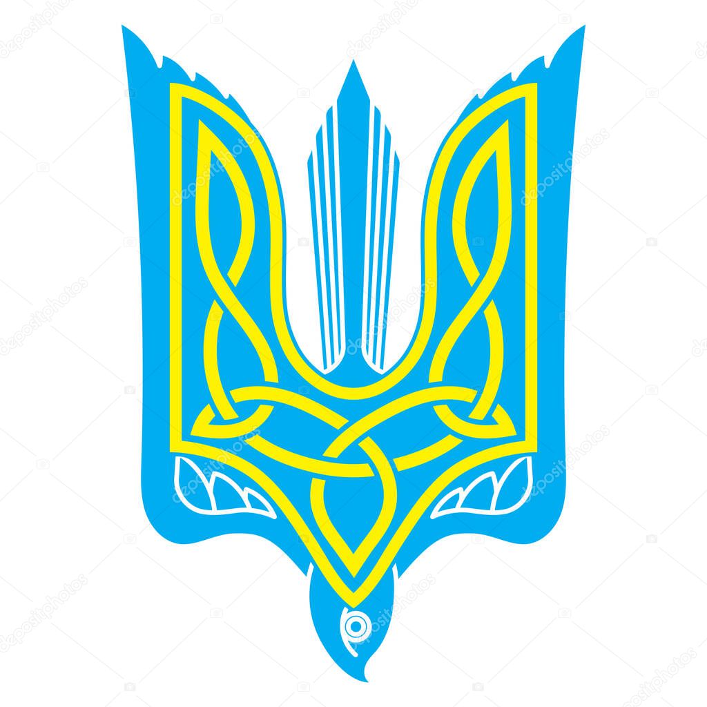 Design with the Trident - the main element of the state emblem of Ukraine in the form of a golden trident of a special shape on a blue field, vector illustration
