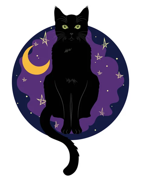 月と星と夜空の背景に座っている黒い緑の目の猫 白い上に隔離されました ベクトル図 — ストックベクタ