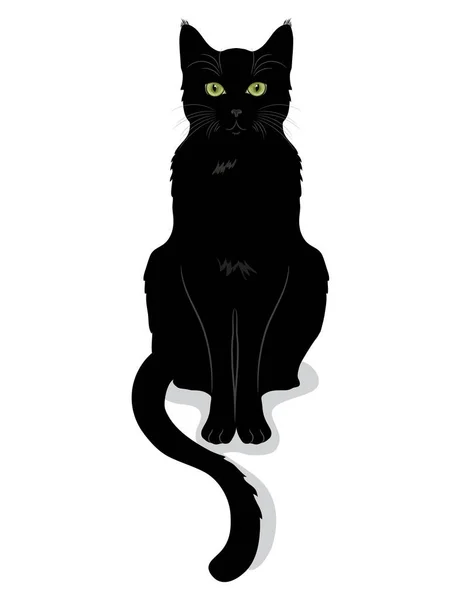 Black Cat Green Eyes Isolated White Vector Illustration — Stock Vector
