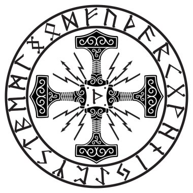 Thors hammer - Mjolnir and Norse runes, isolated on white, vector illustration