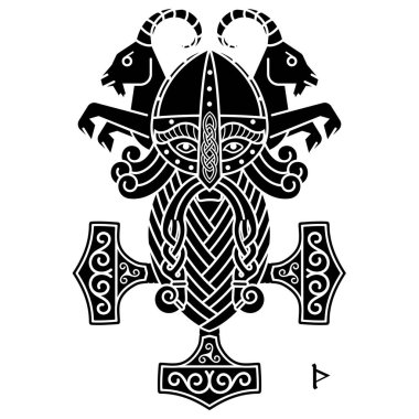 Eski İskandinav Tanrısı Thor ve Çekiç Mjolnir, beyaz, vektör illüstrasyonunda izole edilmiş.