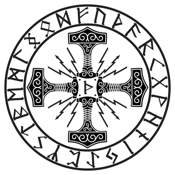 Thors Hammer Mjolnir Norse Runes Isolated White Vector Illustration — стоковый вектор