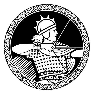 Eski İskandinav tarzı tasarım. İskandinav süsü çerçevesinde Viking okçusu, beyaz üzerine izole edilmiş, vektör illüstrasyonu