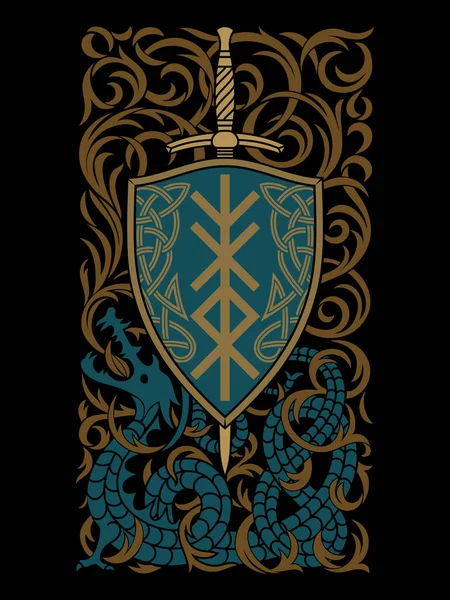 Diseño Estilo Nórdico Antiguo Dragón Escupiendo Fuego Escudo Espada Caballeros — Archivo Imágenes Vectoriales