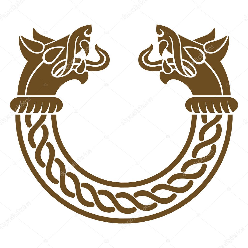 Design in Old Norse style. Bronze Viking bracelet with wolf heads, isolated on white, vector illustration