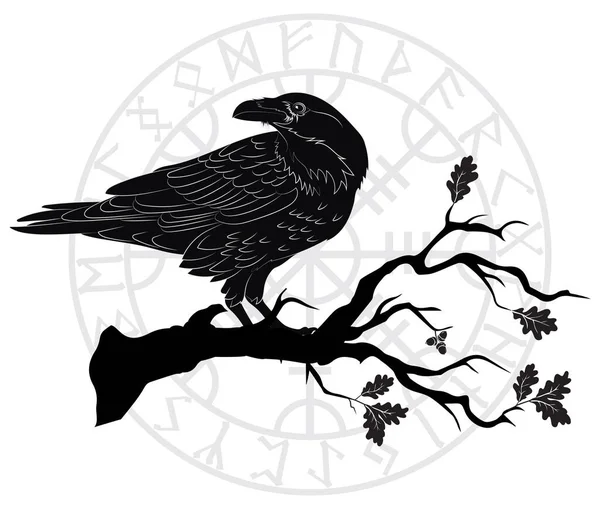 Black Crow Sitting Branch Oak Tree Scandinavian Runes Isolated White — Stock vektor