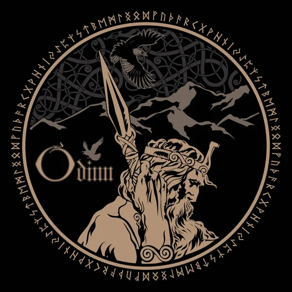 Design Old Norse Style Old Norse God Odin Spear Crows — Stock vektor