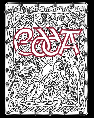 Ancient illustration of the old Norse Edda, the Scandinavian myths. Hero Viking fighting mythical beasts, in the background scandinavian ornament and the inscription of Edda, isolated on black, vector clipart