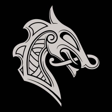 İskandinav Viking tasarımı. Eski İskandinav tarzı boyalı ejderha kafası, siyah üzerine izole edilmiş, vektör illüstrasyonu