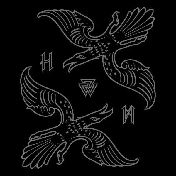 Scandinavian Viking Design Two Black Crows Drawn Old Norse Celtic — Διανυσματικό Αρχείο