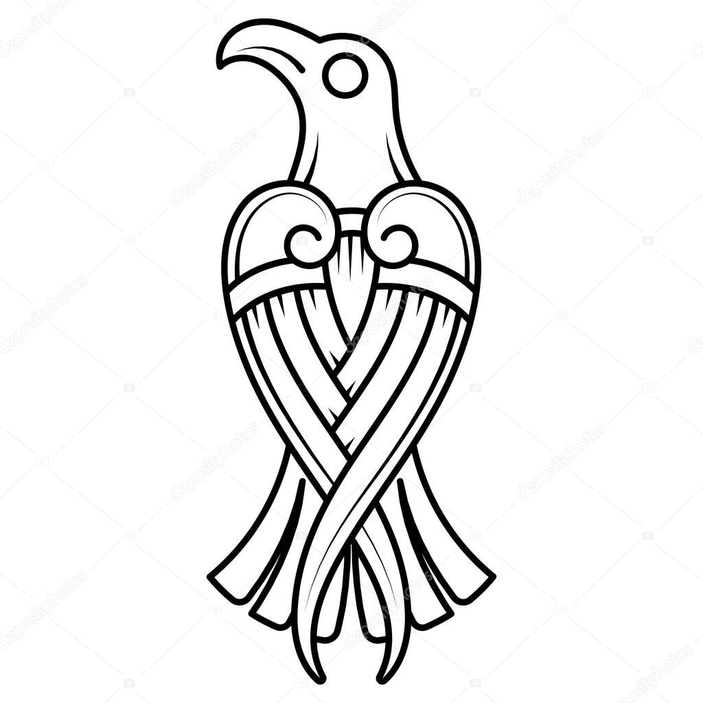 Black Raven. Illustration in the Scandinavian Celtic style, isolated on white, vector illustration