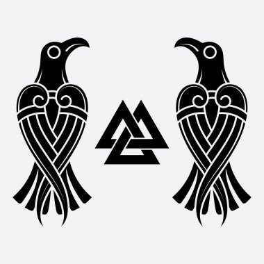 Scandinavian Viking design. Two black crows drawn in Old Norse Celtic style, isolated on black, vector illustration clipart