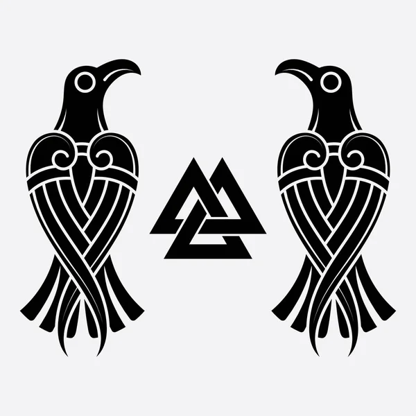 Scandinavian Viking Design Two Black Crows Drawn Old Norse Celtic — Vector de stock