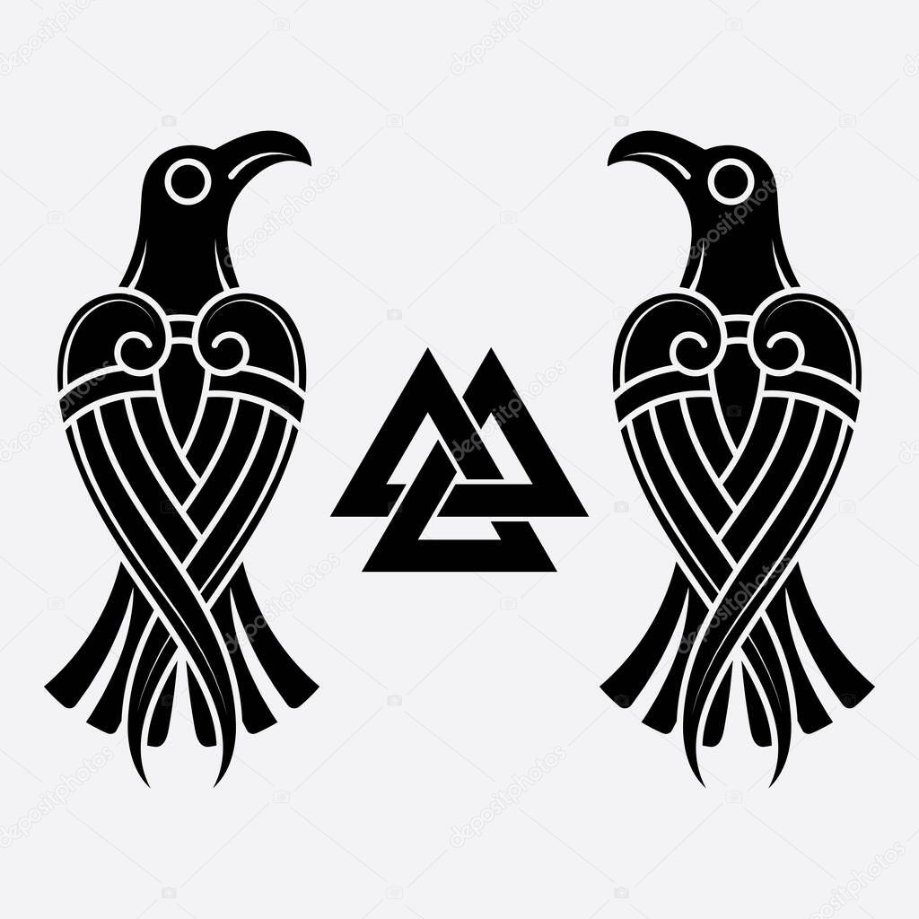 Scandinavian Viking design. Two black crows drawn in Old Norse Celtic style, isolated on black, vector illustration