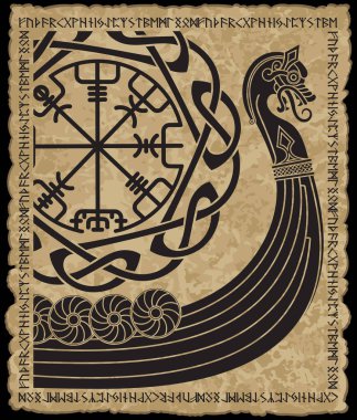 Warship of the Vikings. Drakkar, ancient scandinavian pattern and norse runes, isolated on white, vector illustration