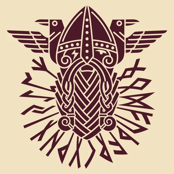 God Wotan Two Ravens Circle Norse Runes Illustration Norse Mythology — стоковый вектор