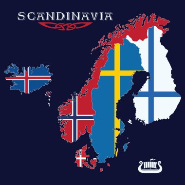 Viking style design. Scandinavian countries map with national flags, vector illustration